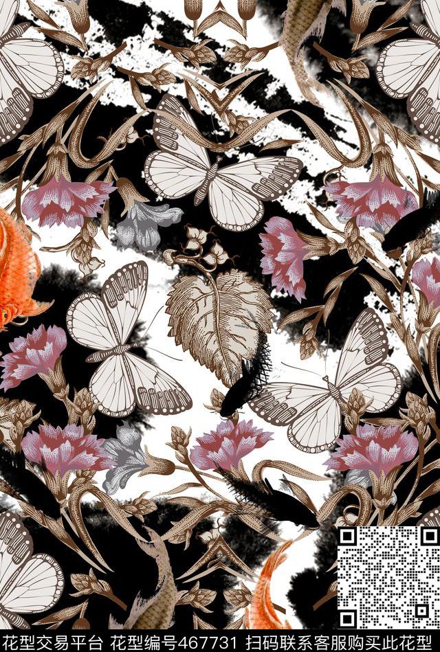笔触蝴蝶水墨数码印花华亿平台下载（图片编号: 467731） - 瓦栏（Walan）
