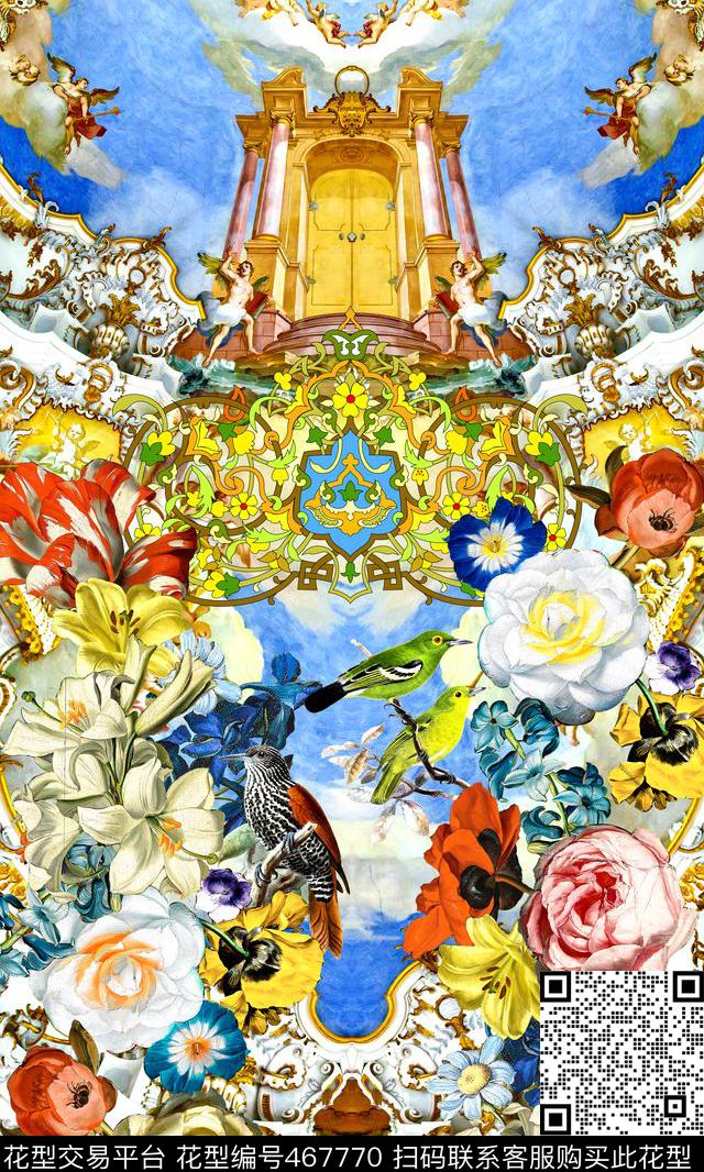 欧式油画天使花卉数码印花华亿平台下载（图片编号: 467770） - 瓦栏（Walan）