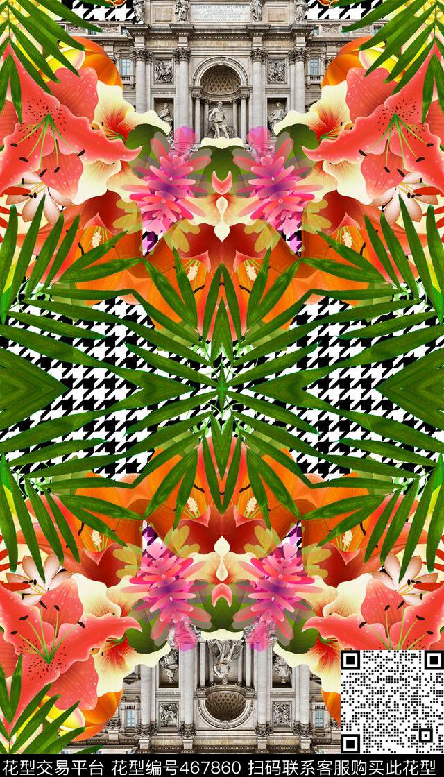 花卉千鸟格热带数码印花华亿平台下载（图片编号: 467860） - 瓦栏（Walan）