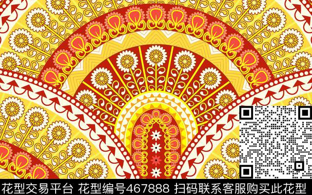 民族风中国风扇子花数码印花华亿平台下载（图片编号: 467888） - 瓦栏（Walan）