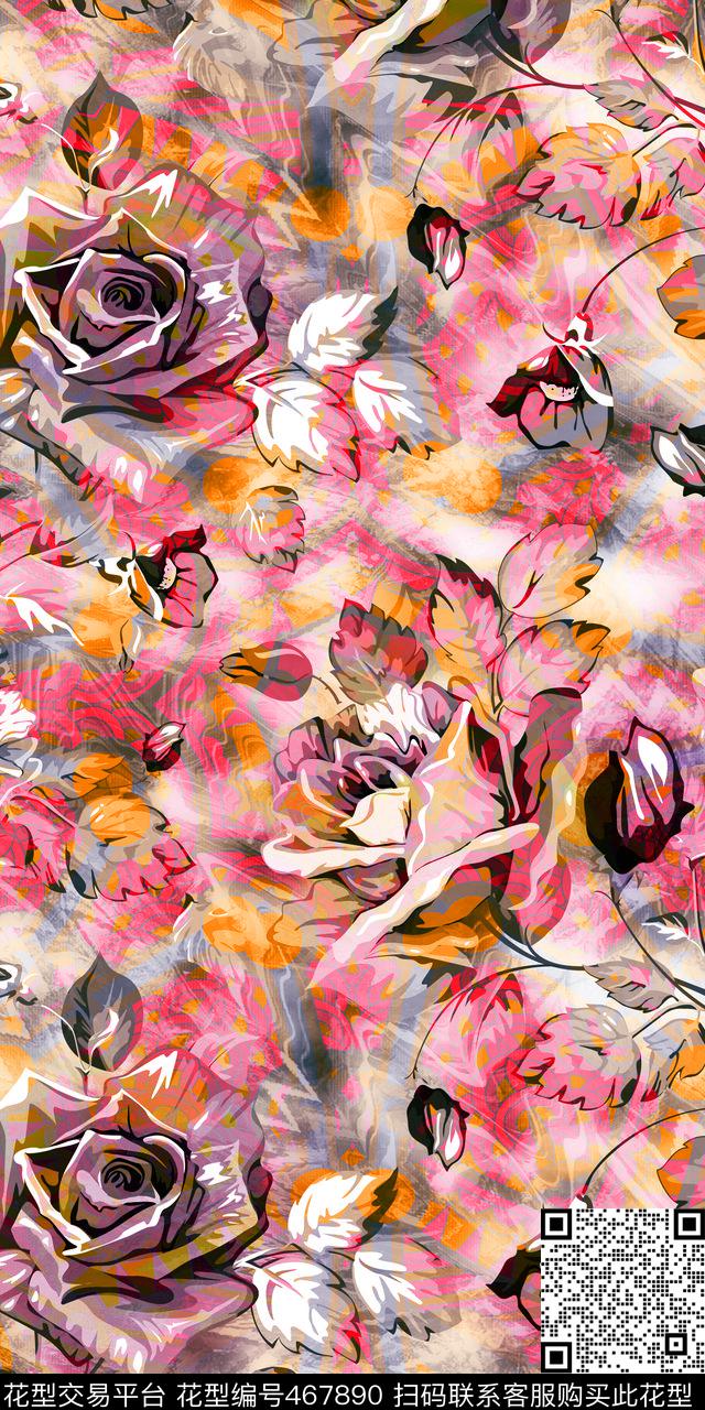 花卉复古风彩绘花数码印花华亿平台下载（图片编号: 467890） - 瓦栏（Walan）