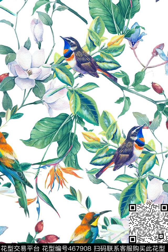 欧美风手绘欧美大牌抽象花卉鸟植物树枝H【抽象】数码印花华亿平台下载（图片编号: 467908） - 瓦栏（Walan）