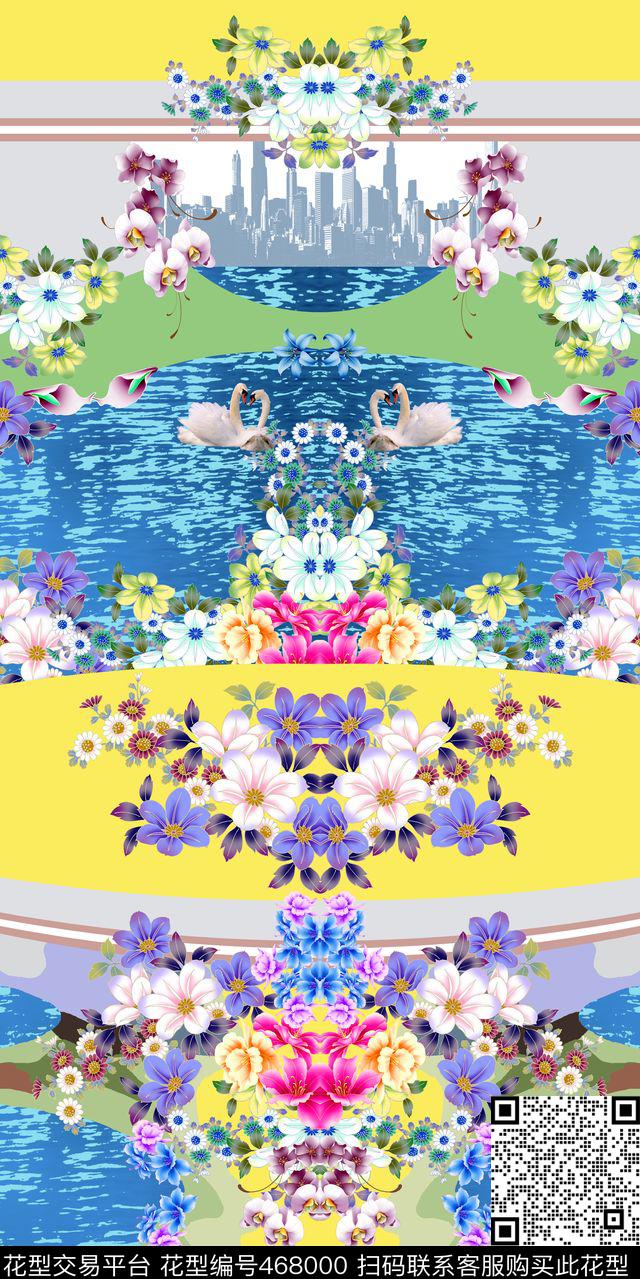 大牌时尚潮流定位花卉池塘建筑花卉数码印花华亿平台下载（图片编号: 468000） - 瓦栏（Walan）