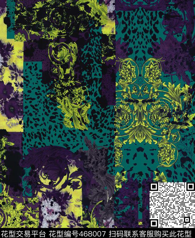 大牌时尚豹纹欧式纹样花卉数码印花华亿平台下载（图片编号: 468007） - 瓦栏（Walan）
