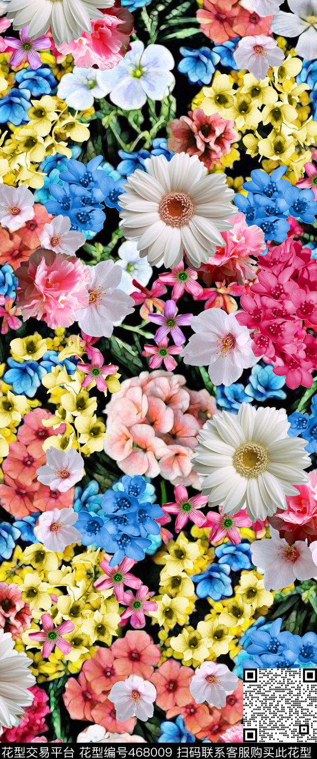 满地花大小花卉组合时尚潮流数码印花华亿平台下载（图片编号: 468009） - 瓦栏（Walan）