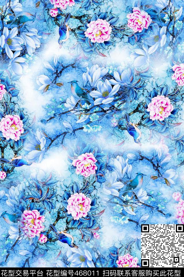 青花瓷时尚清新工笔花鸟数码印花华亿平台下载（图片编号: 468011） - 瓦栏（Walan）