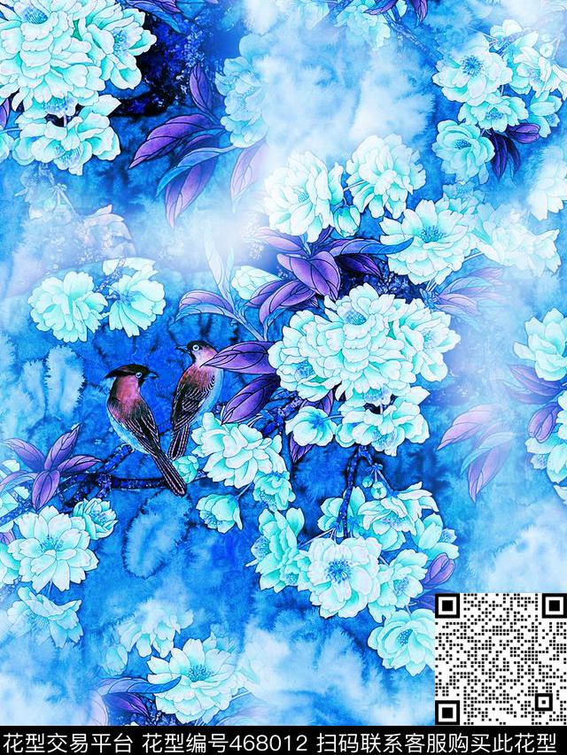 青花瓷工笔花卉时尚清新数码印花华亿平台下载（图片编号: 468012） - 瓦栏（Walan）