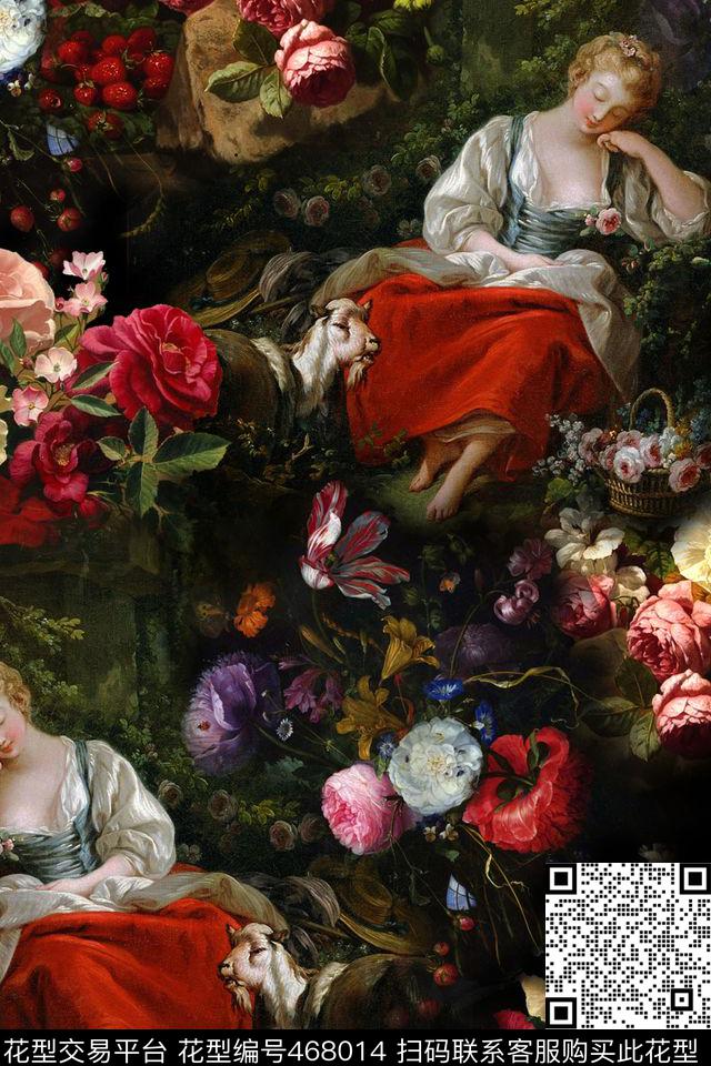 华贵时尚油画人物花卉数码印花华亿平台下载（图片编号: 468014） - 瓦栏（Walan）