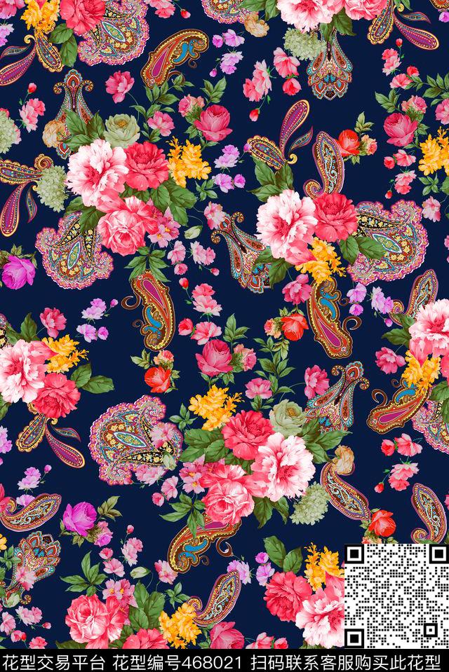 时尚佩斯里火腿纹手绘花卉女装数码印花华亿平台下载（图片编号: 468021） - 瓦栏（Walan）