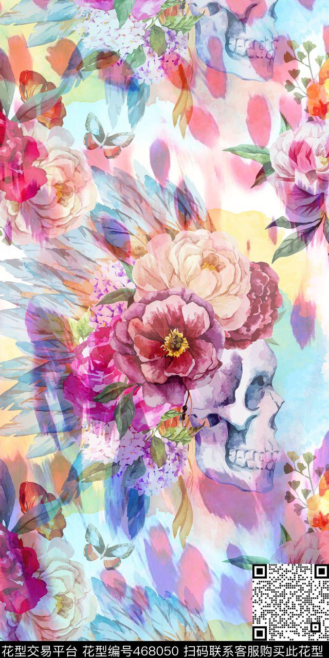 花卉骷髅头麦昆数码印花华亿平台下载（图片编号: 468050） - 瓦栏（Walan）