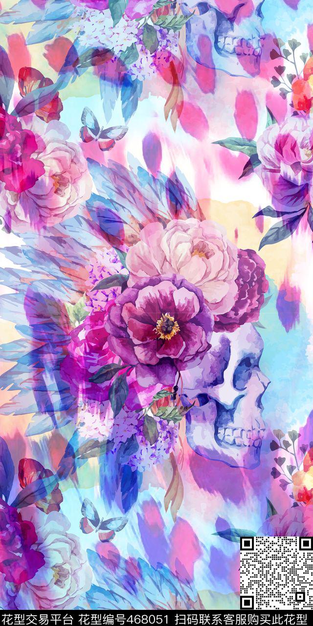 花卉骷髅头麦昆数码印花华亿平台下载（图片编号: 468051） - 瓦栏（Walan）