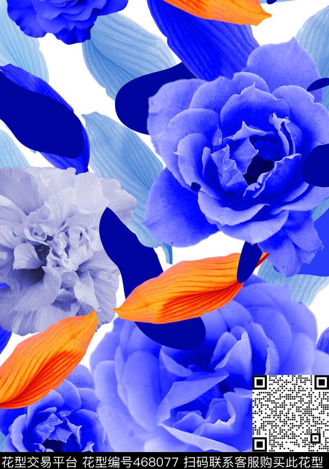 白底蓝叶黄金叶色块花朵数码印花华亿平台下载（图片编号: 468077） - 瓦栏（Walan）