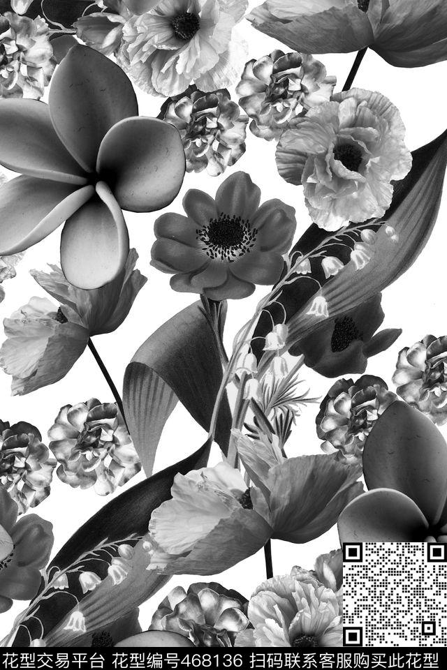 黑白花卉油画罂粟花数码印花华亿平台下载（图片编号: 468136） - 瓦栏（Walan）