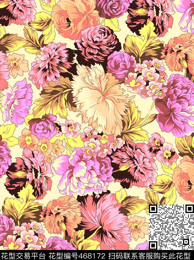 手绘花卉玫瑰牡丹数码印花华亿平台下载（图片编号: 468172） - 瓦栏（Walan）