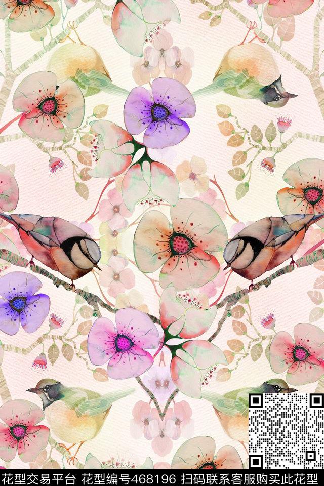 中国风花朵树枝数码印花华亿平台下载（图片编号: 468196） - 瓦栏（Walan）