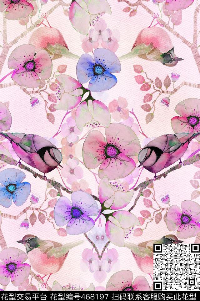 中国风花朵树枝数码印花华亿平台下载（图片编号: 468197） - 瓦栏（Walan）