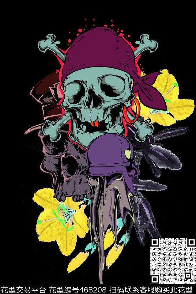 时尚骷髅头花卉数码印花华亿平台下载（图片编号: 468208） - 瓦栏（Walan）