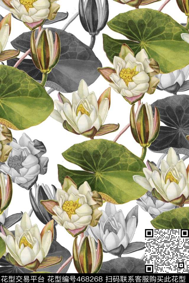 手绘荷花水墨水彩数码印花华亿平台下载（图片编号: 468268） - 瓦栏（Walan）