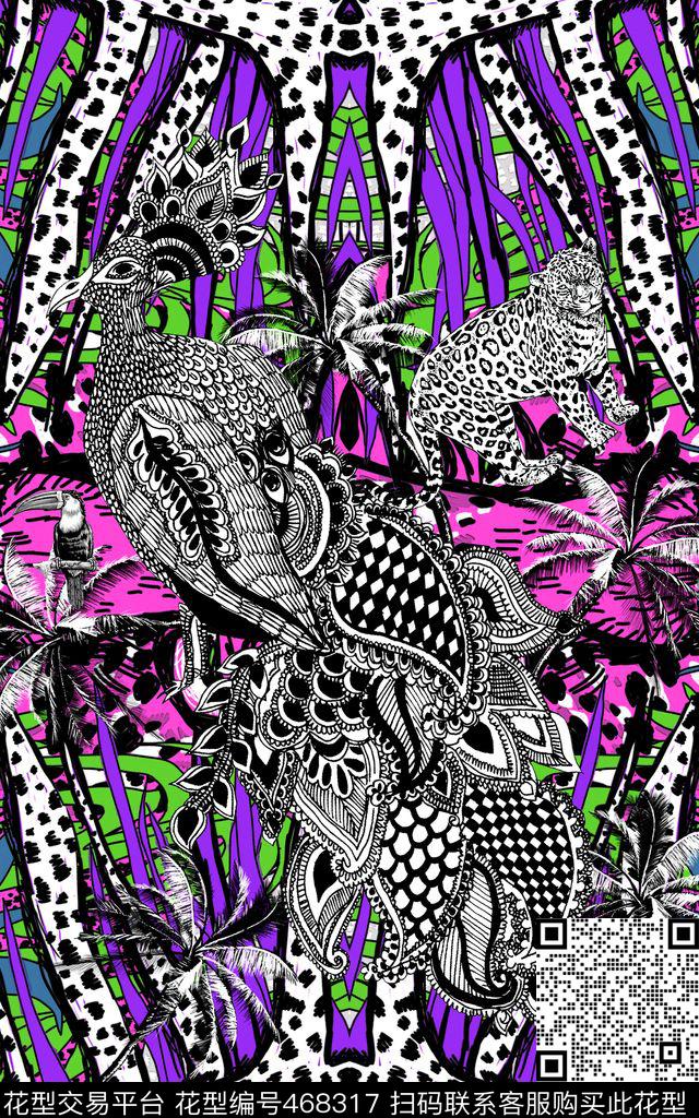 复古手绘丛林数码印花华亿平台下载（图片编号: 468317） - 瓦栏（Walan）