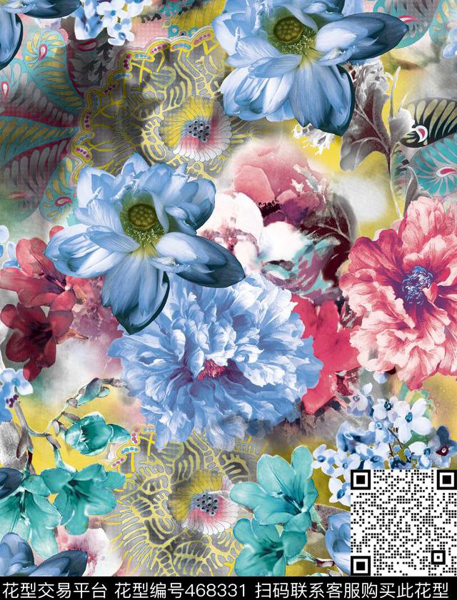 潮流大牌花园花卉传统纹样花团锦簇数码印花华亿平台下载（图片编号: 468331） - 瓦栏（Walan）