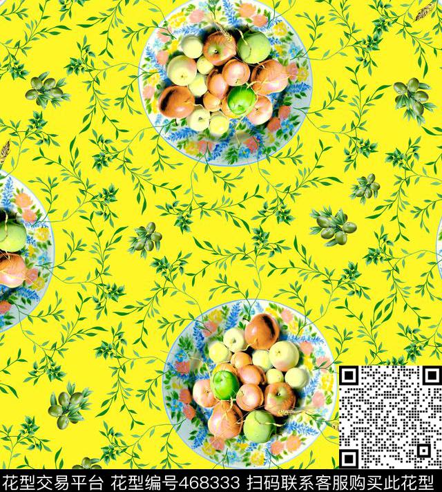橄榄花卉柳枝数码印花华亿平台下载（图片编号: 468333） - 瓦栏（Walan）