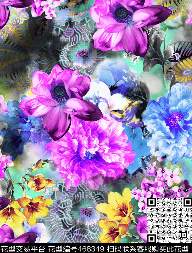 潮流大牌花园花卉传统纹样花卉数码印花华亿平台下载（图片编号: 468349） - 瓦栏（Walan）