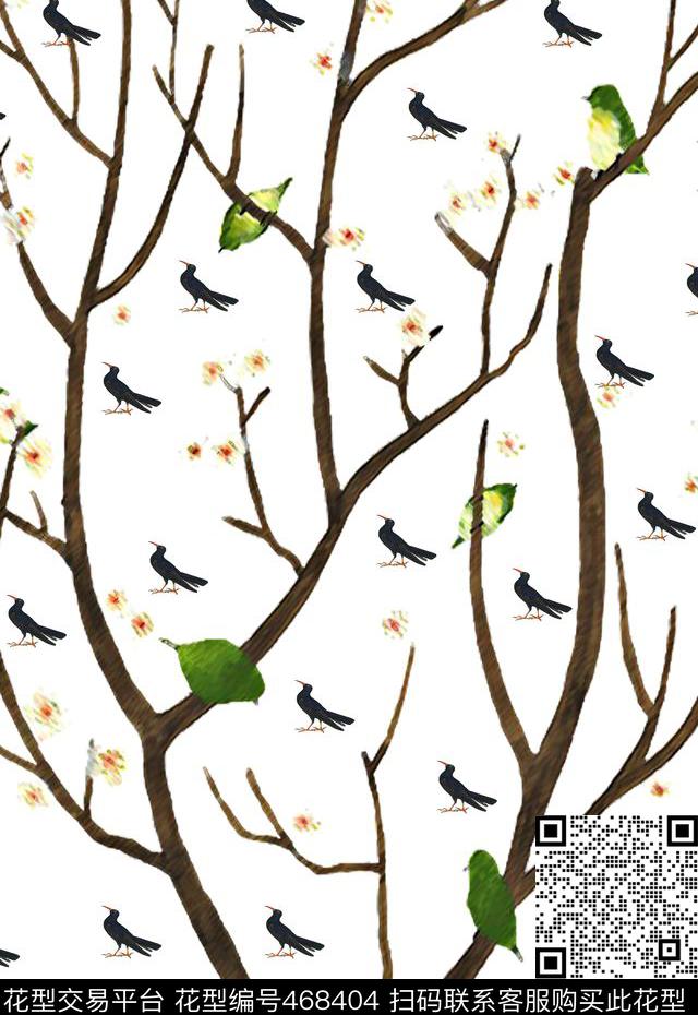 动物印花手绘树干小鸟数码印花华亿平台下载（图片编号: 468404） - 瓦栏（Walan）