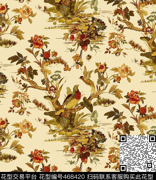 复古花秋冬花鸟秋冬花色数码印花华亿平台下载（图片编号: 468420） - 瓦栏（Walan）