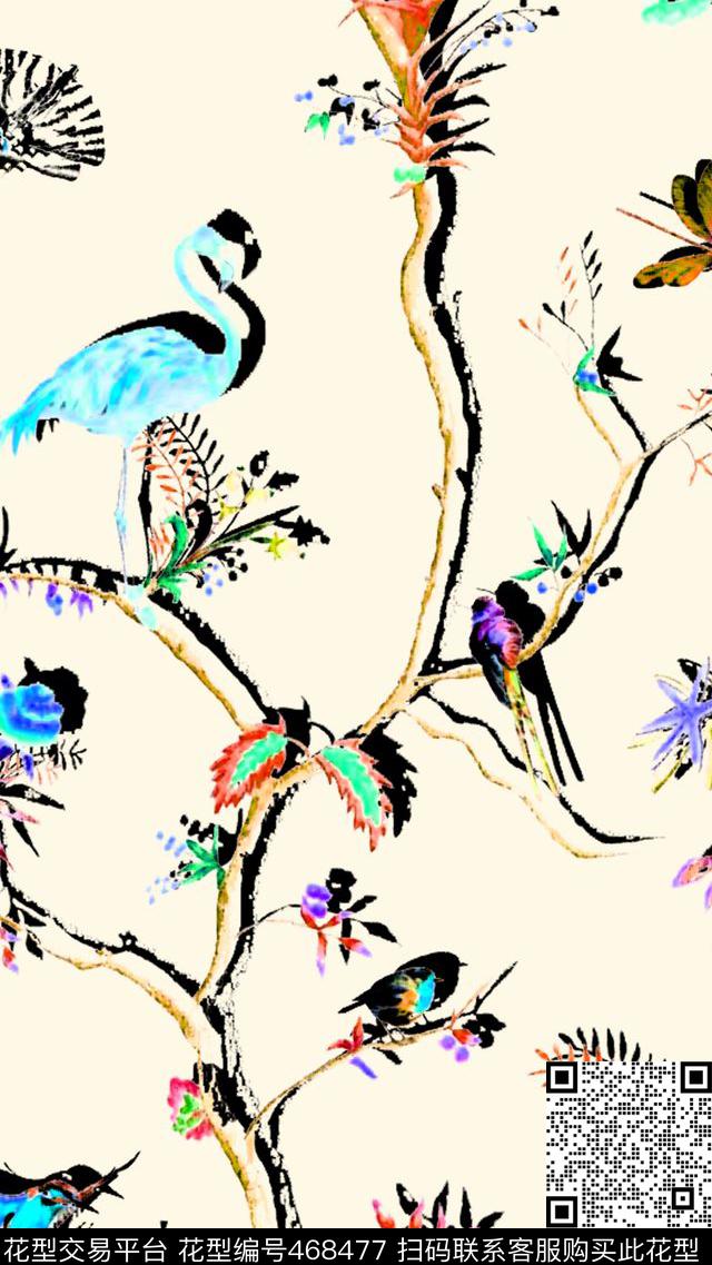 定位独幅手绘枝干小鸟火烈鸟水墨效果数码印花华亿平台下载（图片编号: 468477） - 瓦栏（Walan）