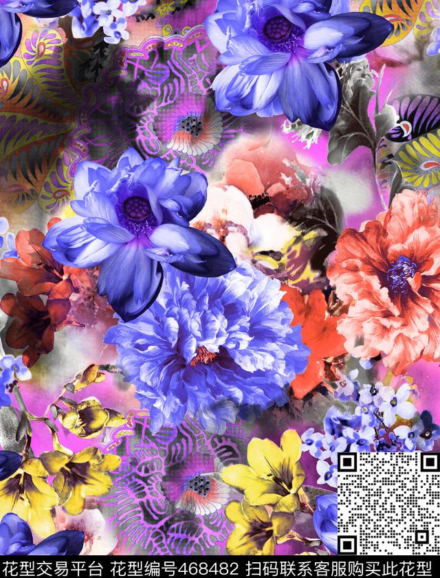 潮流大牌花园花卉传统纹样花卉数码印花华亿平台下载（图片编号: 468482） - 瓦栏（Walan）