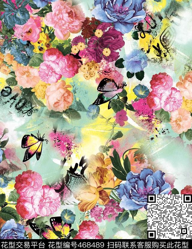 花卉潮流大牌蝴蝶数码印花华亿平台下载（图片编号: 468489） - 瓦栏（Walan）