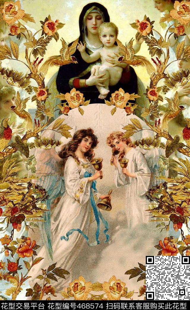 时尚潮流秋冬圣母手绘花数码印花华亿平台下载（图片编号: 468574） - 瓦栏（Walan）