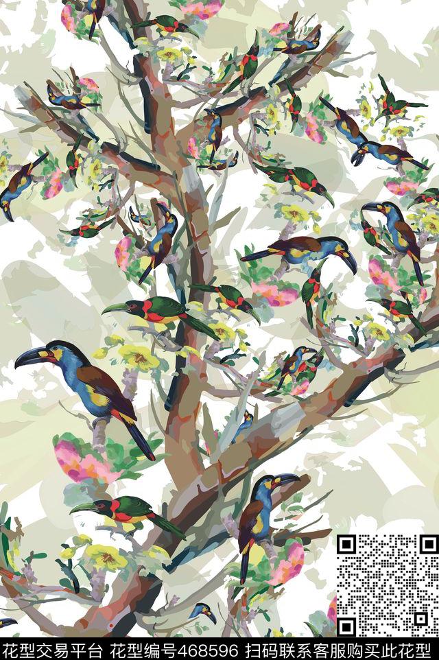丛林小鸟分色传统印花华亿平台下载（图片编号: 468596） - 瓦栏（Walan）