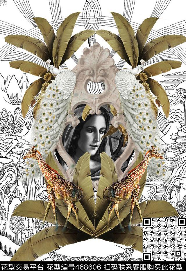 芭蕉潮流时尚复古手绘数码印花华亿平台下载（图片编号: 468606） - 瓦栏（Walan）