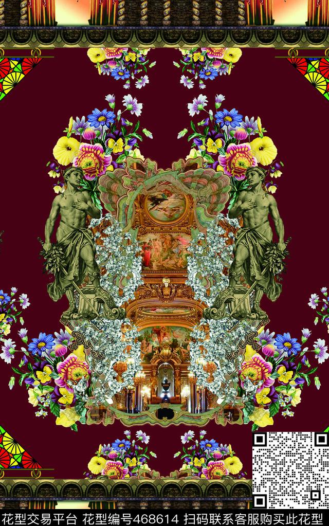 彩色欧式复古花卉数码印花华亿平台下载（图片编号: 468614） - 瓦栏（Walan）