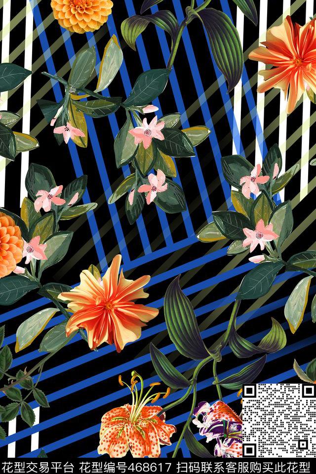 甜美清新条纹花卉数码印花华亿平台下载（图片编号: 468617） - 瓦栏（Walan）