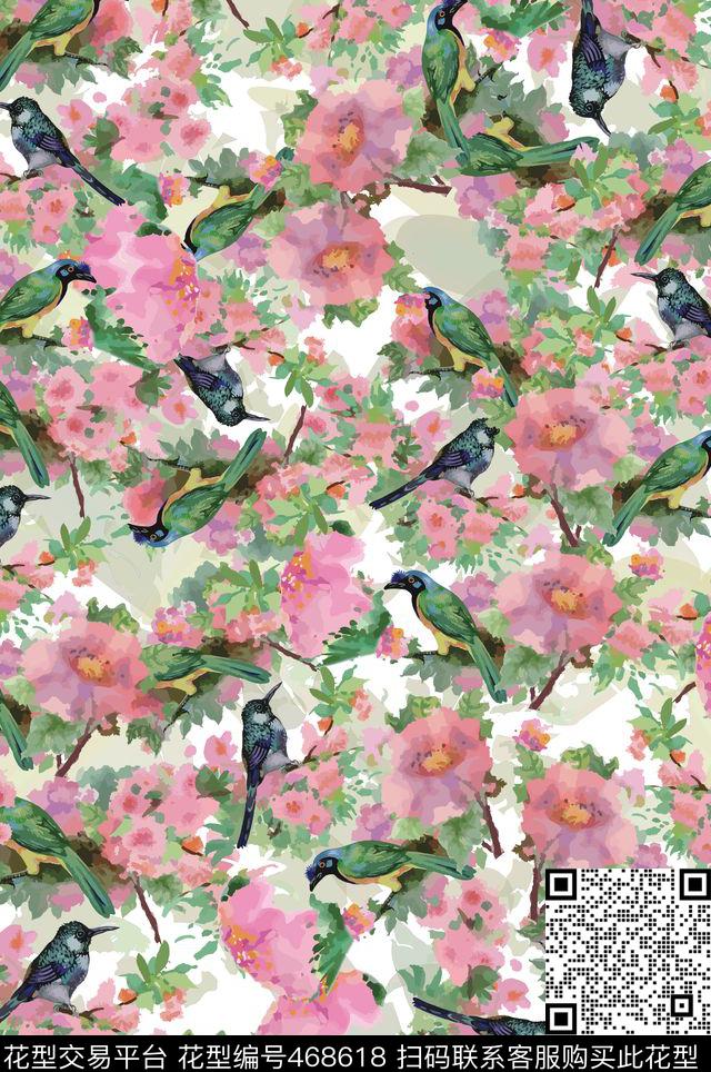 小鸟花卉分色传统印花华亿平台下载（图片编号: 468618） - 瓦栏（Walan）