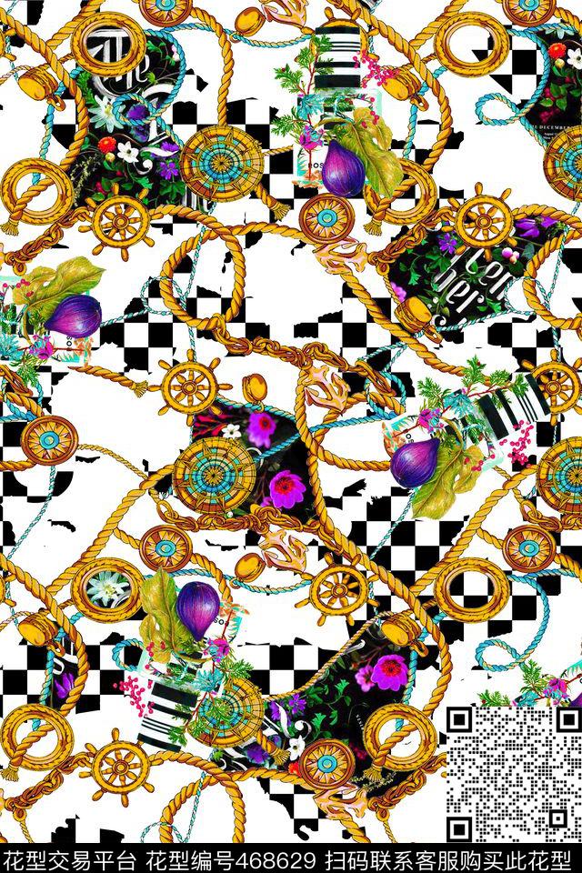 黑白格子链条图案几何碎花数码印花华亿平台下载（图片编号: 468629） - 瓦栏（Walan）