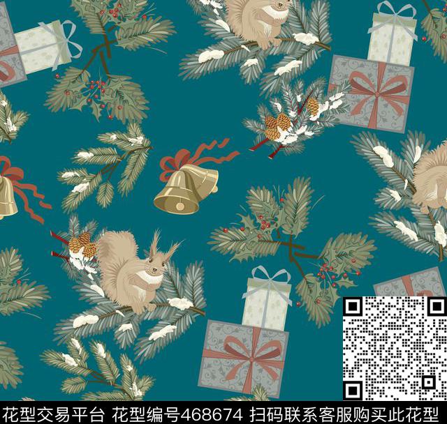 潮流时尚圣诞树松鼠数码印花华亿平台下载（图片编号: 468674） - 瓦栏（Walan）