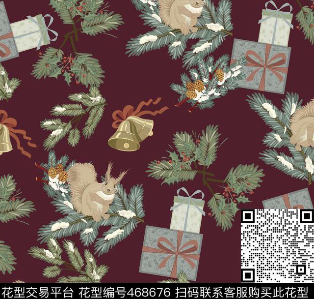 潮流时尚圣诞树松鼠数码印花华亿平台下载（图片编号: 468676） - 瓦栏（Walan）