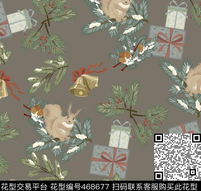 潮流时尚圣诞树松鼠数码印花华亿平台下载（图片编号: 468677） - 瓦栏（Walan）