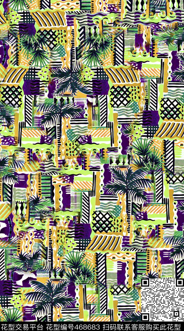 手绘棕榈创意配色数码印花华亿平台下载（图片编号: 468683） - 瓦栏（Walan）