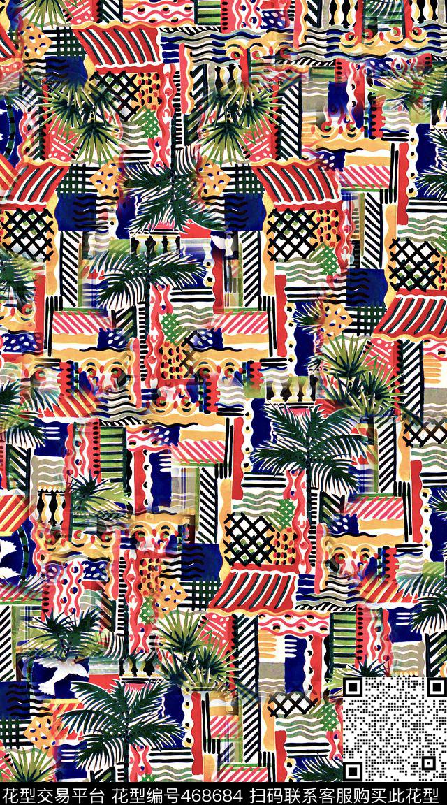 结合条纹手绘数码印花华亿平台下载（图片编号: 468684） - 瓦栏（Walan）