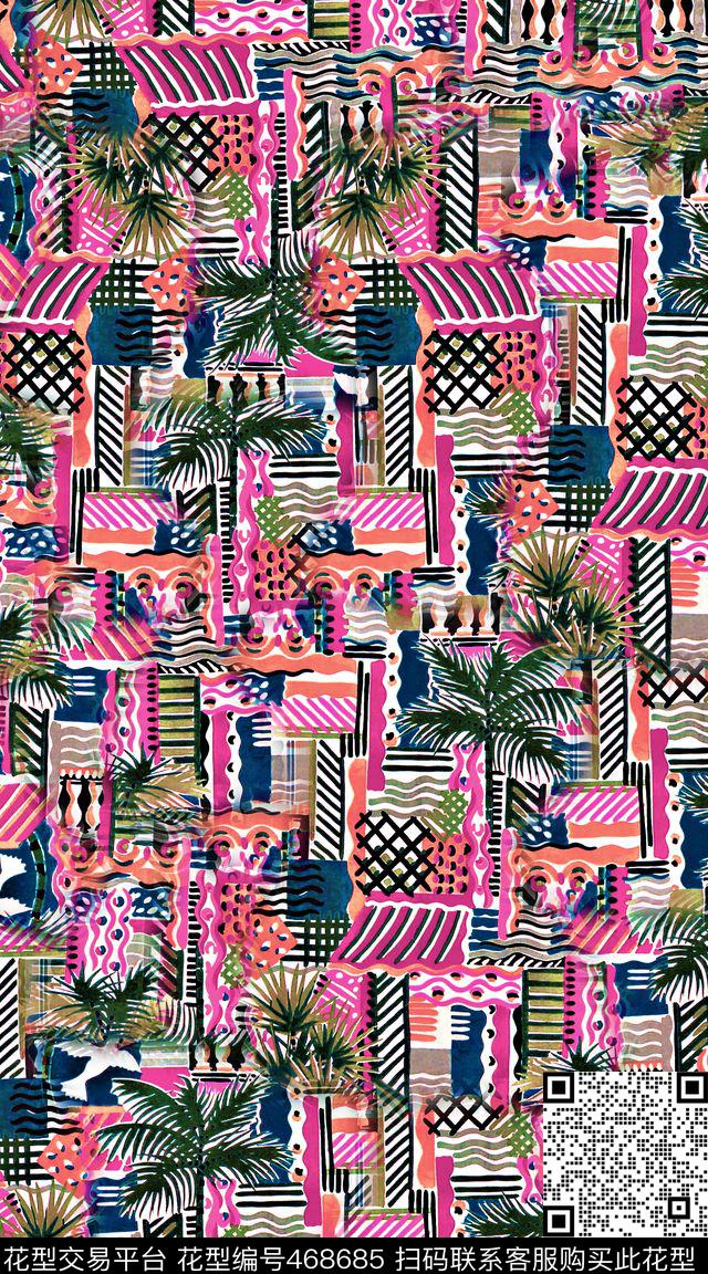 结合条纹手绘数码印花华亿平台下载（图片编号: 468685） - 瓦栏（Walan）