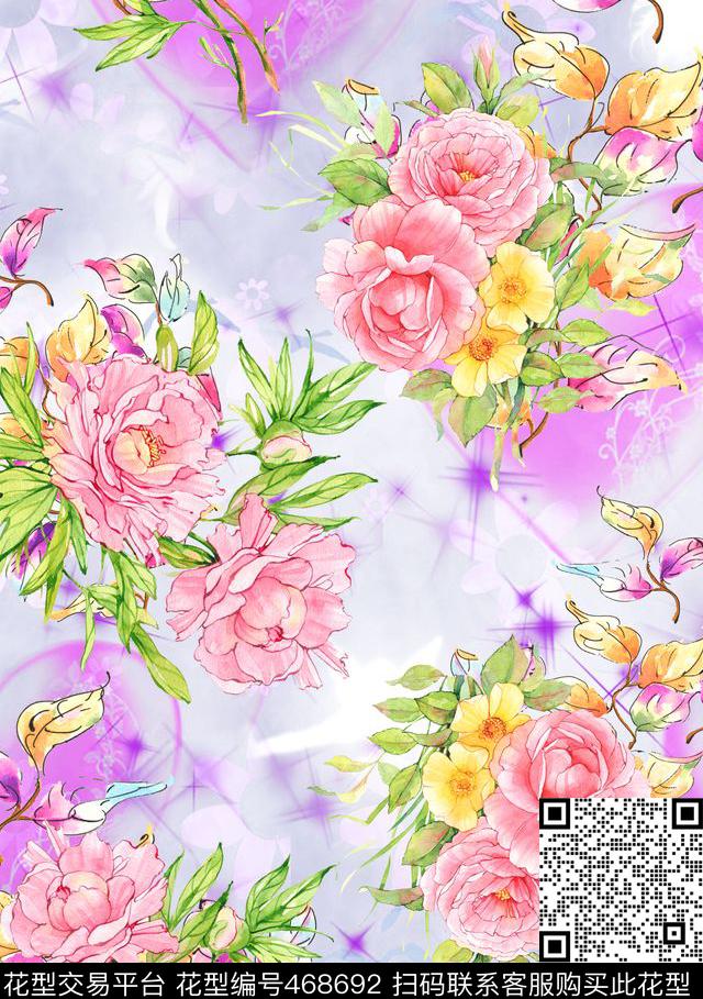 休闲风手绘花卉水彩花卉数码印花华亿平台下载（图片编号: 468692） - 瓦栏（Walan）