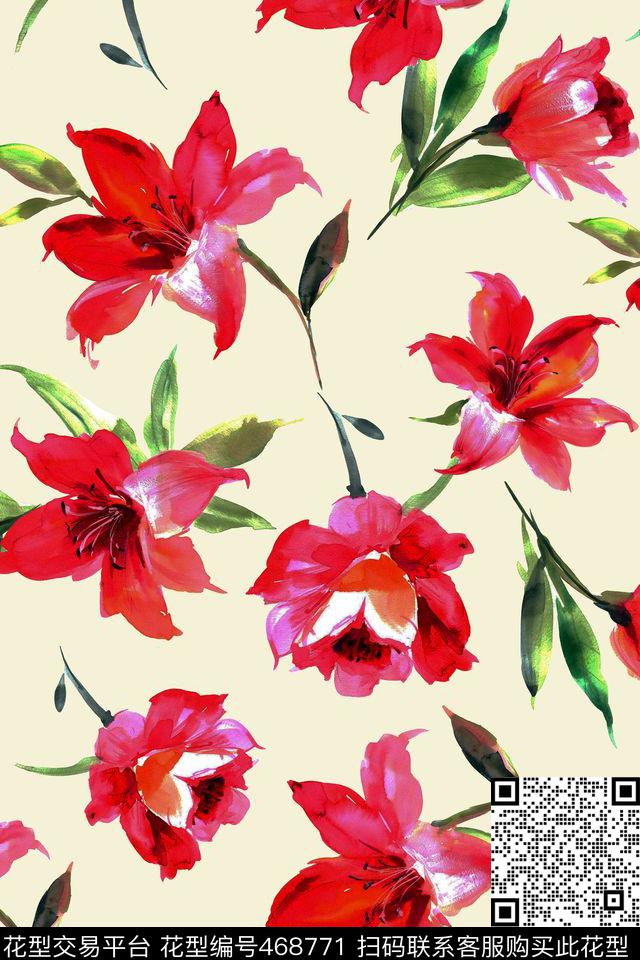 满版花卉手绘数码印花华亿平台下载（图片编号: 468771） - 瓦栏（Walan）