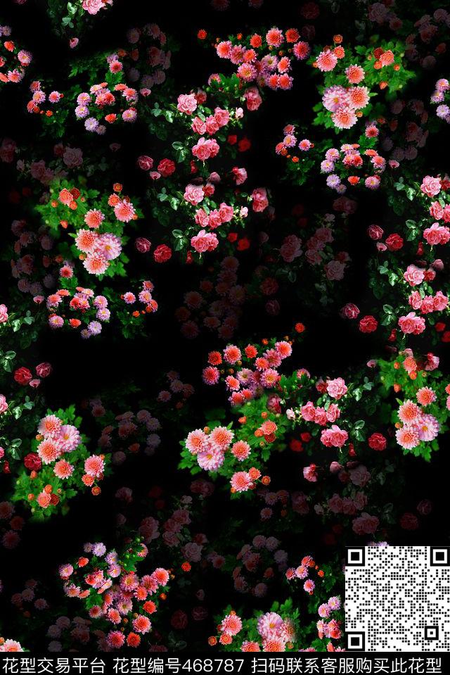 色彩斑斓黑底小菊花数码印花华亿平台下载（图片编号: 468787） - 瓦栏（Walan）