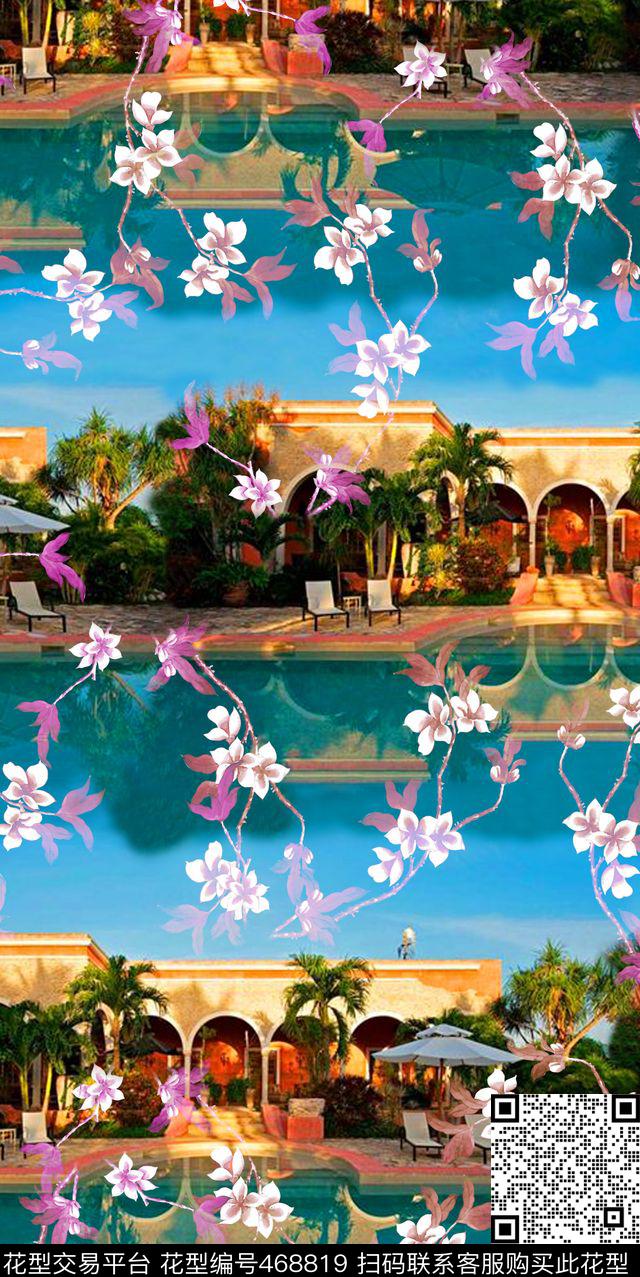 写实度假景观花卉数码印花华亿平台下载（图片编号: 468819） - 瓦栏（Walan）
