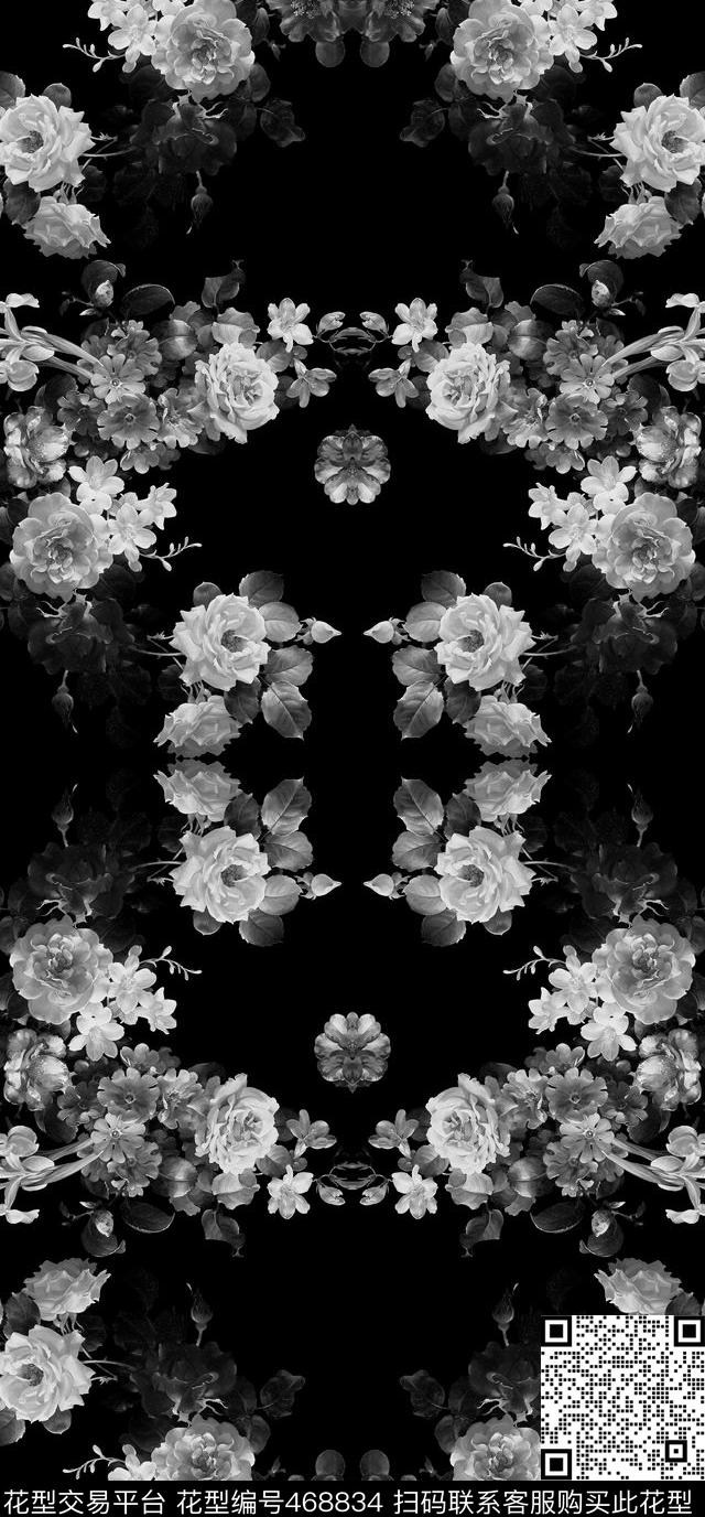 抽象黑白灰花卉数码印花华亿平台下载（图片编号: 468834） - 瓦栏（Walan）