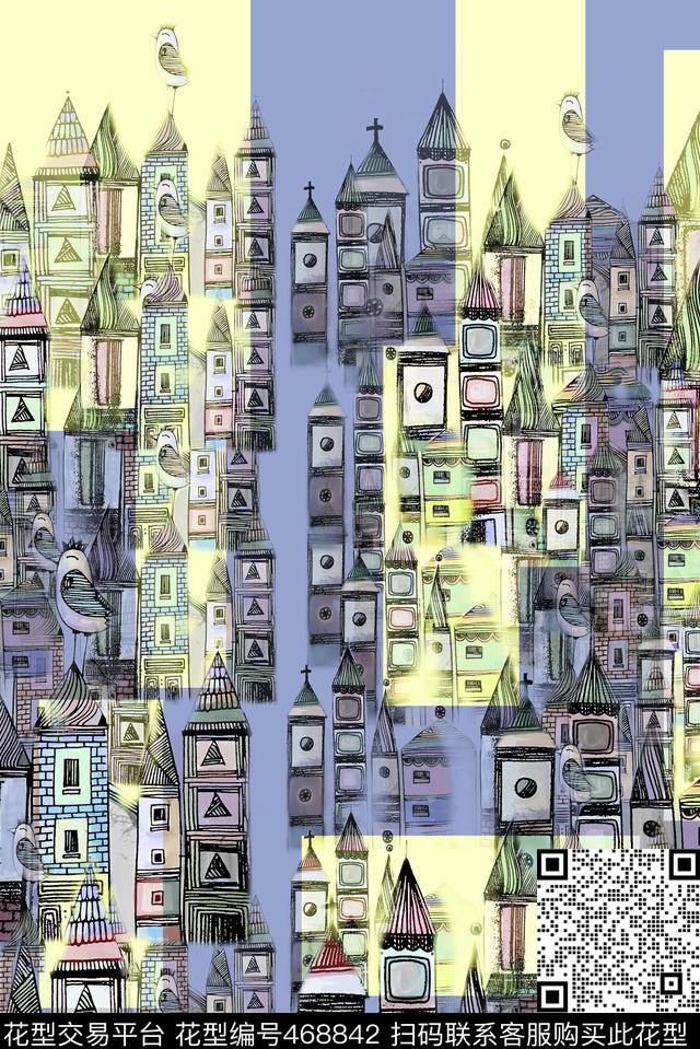 彩色块建筑时尚数码印花华亿平台下载（图片编号: 468842） - 瓦栏（Walan）